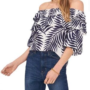 Sam & Jess Women's Fern-Print Ruffled Off-The-Shoulder Top Navy/White L